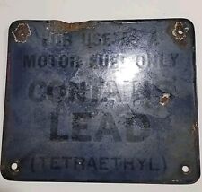 Rare Vtg 2-Sided Blue White Porcelain LEAD Warning Label Gas Pump Sign picture