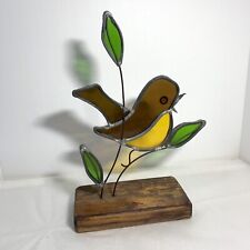 Vintage Handcrafted Stained Glass Yellow Bird Ornament Figurine Wood Base 8.5