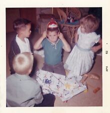Vintage Photo Cute Boy Funny Hat Opening Gifts Toys Children Girl 1960s picture