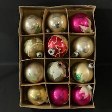 VINTAGE SHINY BRITE Hand Blown Glass ORNAMENTS Frosted Snow Cap 12PC Round picture