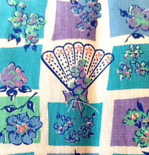Vtg. 30s 40s FABRIC 35 Wide Fans Flowers Teal Purple  Blue Squares Cotton Quilt picture