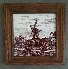 VTG Tile windmill Framed vineyard  brown wood frame SS Azulejos Castellon Spain picture
