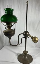 Antique 28” Harvard Style Oil Lamp Student Heavy Brass Green Glass Kerosene VTG picture