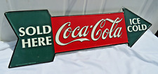 Vintage 1990 Coca-Cola Sold Here Tin Embossed Metal Arrow Sign 27