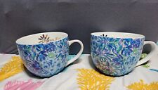 Lily Pulitzer Set Of 2 Blue Floral Hidden Cat Ceramic Coffee Cups Mugs picture