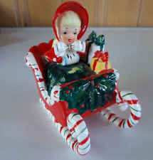 Vintage Lefton Christmas Shopper Girl in Candy Cane Sleigh 1956 Japan picture