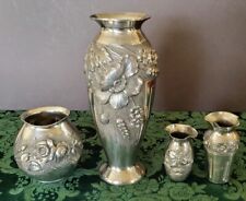 French Pewter Vases Early 1900's Hand Repousse'd Signed Tall, Med & Small Fine picture
