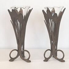 Vintage ART DECO Wheat Leaf Metal Vases with Glass Insert -Set Of 2 picture