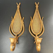 VTG HOMCO (Qty 2) Faux Wicker Wall Candle Holders 70's Teardrop Hard Sconce  MCM picture