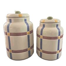 Longaberger Pottery Multi Plaid Mixed Harvest Canister With Lid Set Of 2 picture