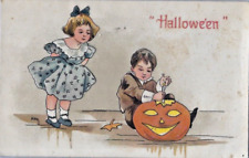 Vintage 1908 HALLOWEEN Postcard W/VICTORIAN CHILDREN CARVE JOL SIGNED HBG #2214 picture