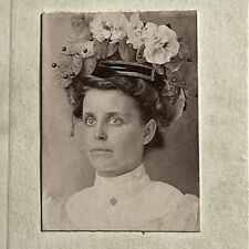 Antique Mini Cabinet Card Photograph Beautiful Young Woman Amazing Hat Flowers picture