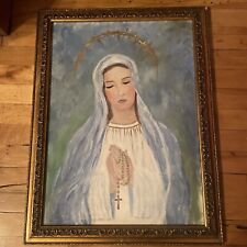 Vintage Immaculate Heart Of Mary Lithograph On Canvas Holding Rosary Beads picture
