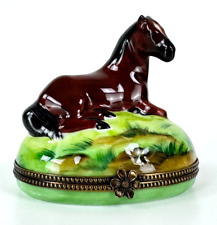 Limoges France Stamped New Horse Trinket Box Green Brown Auth  picture