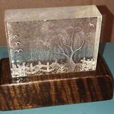 Vintage Etched Clear Lucite Block Willow Tree Birds Paper Weight ￼ Figurine￼ picture