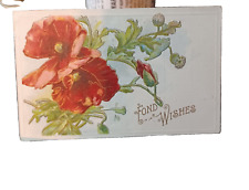Postcard: Fond Wishes - Red Flowers - Embossed - 1912 picture