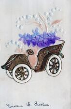 Flowers & Vintage Car Embossed Austria Greetings Postcard picture