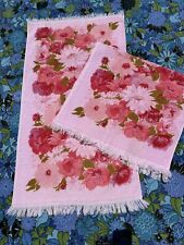Pair Vintage Pink Roses Floral Bath Towels With Fringe Hollywood Regency picture