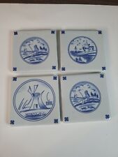 Vintage DELFT BLUE Dutch Tile Coaster Set Porcelain Fisherman Windmill Cottage picture