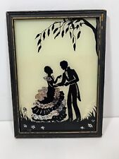 Vintage Silhouette Reverse Painted Foil Art Courting Couple Colonial Dress picture