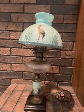Gorgeous Antique Parlor Lamp Electrified Oil Lamp Hand painted Crane Design picture