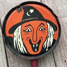 VTG Halloween Tin Litho Noisemaker Red Wooden Handle Circa 1940's Witch picture