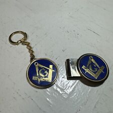 VINTAGE MASONIC KEYCHAIN GOLD TONE ACRYLIC FOB AND MONEY CLIP picture