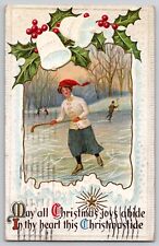 Christmas Joys Christmastide Pretty Lady Skating Ice Hockey Postcard 1918 picture