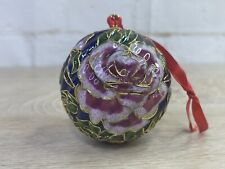 Vintage Metal Cloisonné Ball Christmas Ornament Pink Rose Flower Floral Blue picture