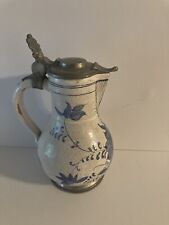 Antique 18th c. Primitive German Pottery Pitcher W/Pewter Lid & Foot Blue/White picture