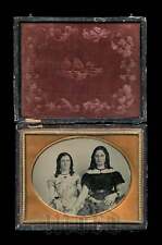 NICE 1/4 AMBROTYPE PHOTO GIRLS HOLDING HANDS LONG CURLS IN HAIR - 1800s VIRGINIA picture