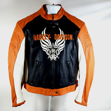 Women's Harley Davidson Orange Black Leather Riding Jacket Sz Large Bag & Hanger picture