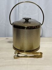Vintage MCM Gold/Brass Ice Bucket With Lid And Tongs picture