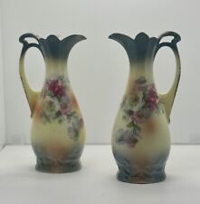 Vintage Hand Painted Porcelain 8.25” Bud Vases, Small Pitchers ~ Set of 2 picture