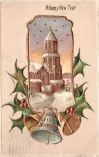 Vintage Postcard 1909 A Happy New Year Church Winter Scene Snow Bells Leaves picture