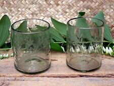 Set of 2 Old Fashion Style Glasses Pale Green Handblown Etched Mexican Folk Art picture