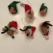 Annalee Mobilitee Set 6 Santa Elves Reindeer Heads Christmas Ornaments 81&91 USA picture