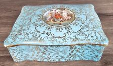 Vintage M & R trinket/jewelry box hand painted turquoise w/ gold trim & accents picture