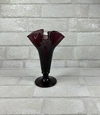 Vintage Purple Hand Blown Glass Crimped Ruffled Vase Plum Amethyst 7.5