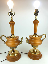 MCM Turned Wood & Ornate Brass Teapot Table Lamp Pair Unique Vintage Kitschy picture