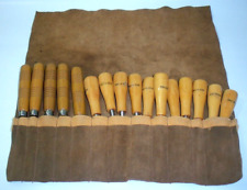 Vintage 16 Piece Wood Carving Chisel Set Wood Handles & Suede Leather Pouch picture