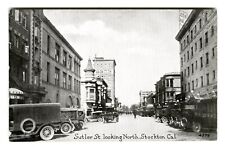 c.1910s STOCKTON CALIFORNIA SUTLER STREET STORES,CARS,TRUCKS~UNUSED B/W POSTCARD picture