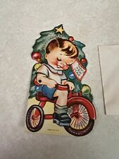Vintage 1940's Christmas Mechanical Greeting Card with Envelope: Boy on Tricycle picture