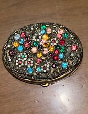 Vtg Jeweled Ornate Makeup Compact Rhinestone Mirror Powder Floral Flower2.25x2in picture