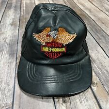 VINTAGE Harley Davidson Leather Hat Adjustable Strap Cap Black Motorcycle Eagle picture