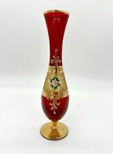 Vintage Bohemian Ruby Red Glass Vase Painted Gold Flowers 10