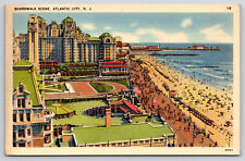 Atlantic City NJ-New Jersey, Boardwalk Beach Scene, Vintage 1940 Linen Postcard picture