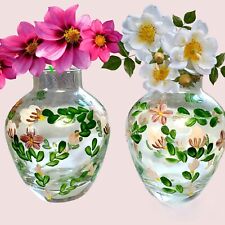 Two's Company Bud Vase Small Pair Hand painted On Clear Glass Flowers   picture