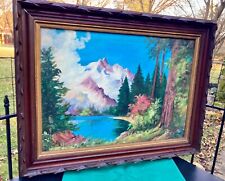 Vtg Antique Carved Wood Frame Rocky Mts Landscape Oil Painting signed M Harris picture