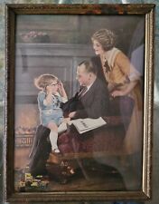 VINTAGE 1930s Curved CONVEX GLASS FAMILY Scene PICTURE Print & FRAME picture